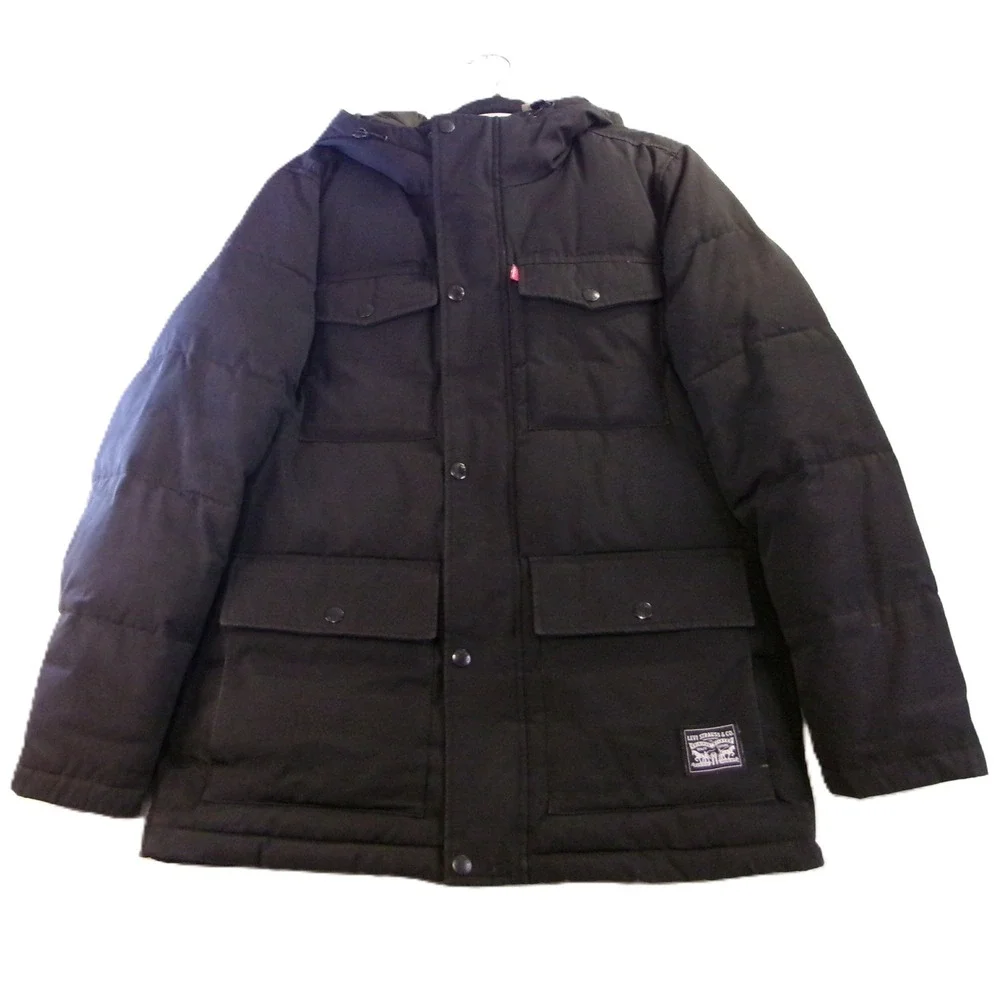 Levi Mens Small Puffer Parka Jacket Black Hooded Quilted Utility LM0RP320